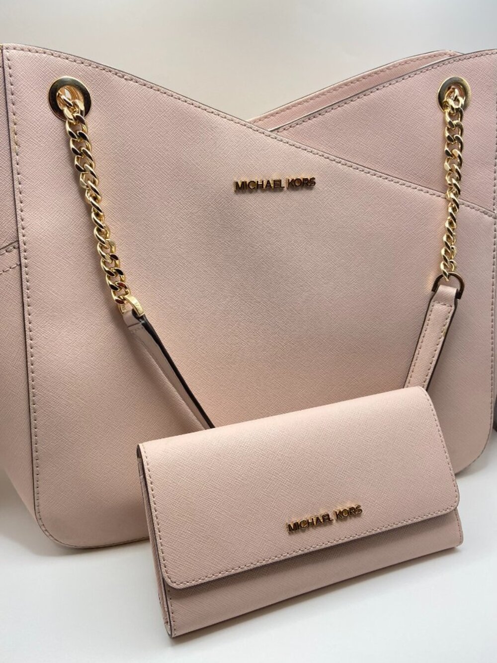 Michael Kors Jet Set Travel Large Chain Shoulder Tote & Wallet Powder Blush Pink - Picture 2 of 14